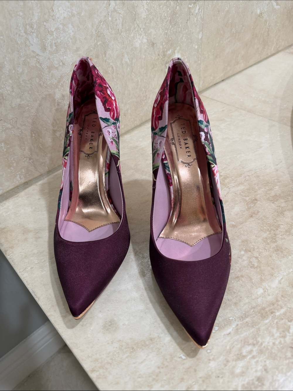 Ted Baker London Plum Satin Pointed Pumps with Floral Lining